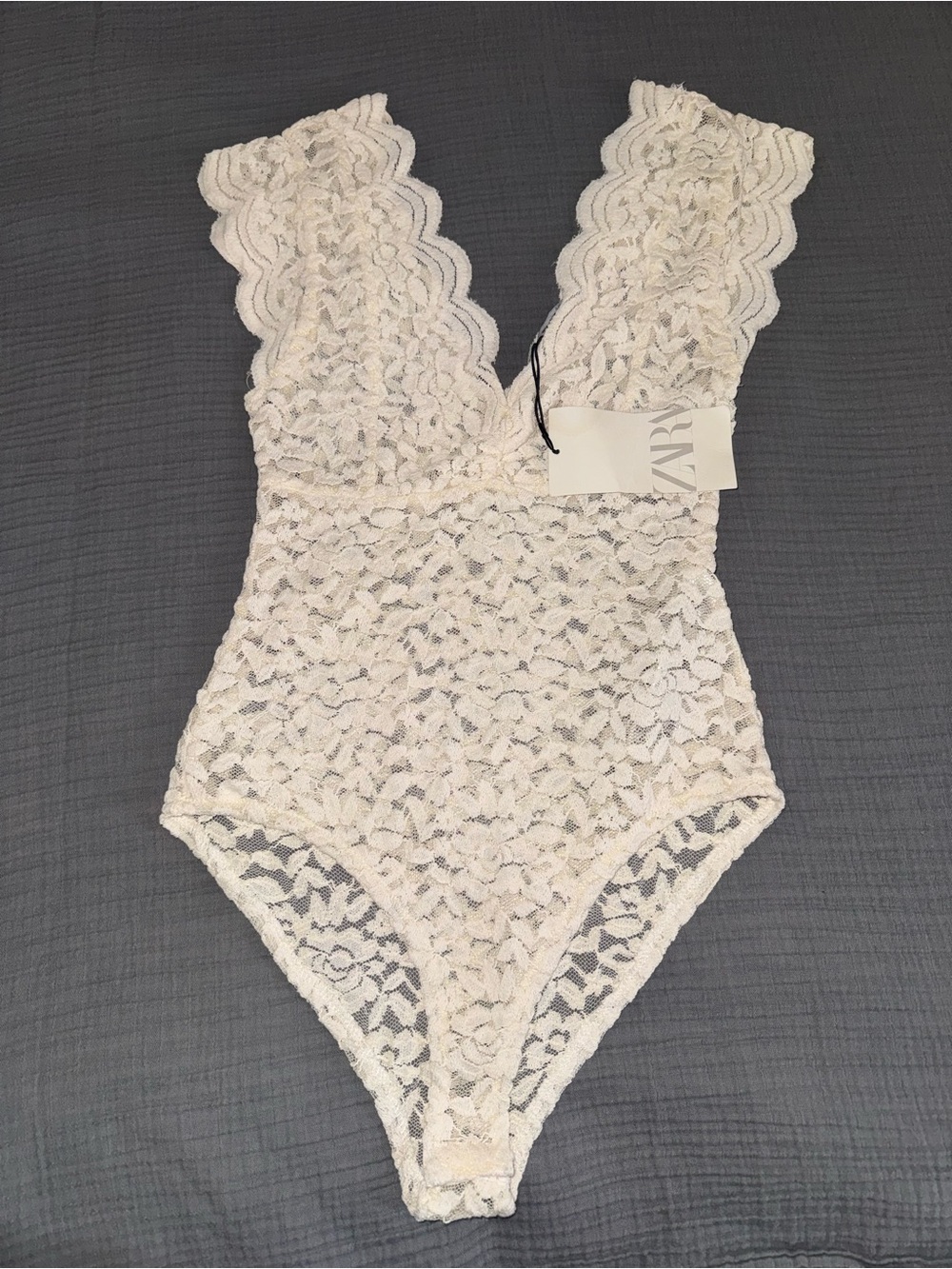Zara Cream Lace Plunge V-Neck Bodysuit